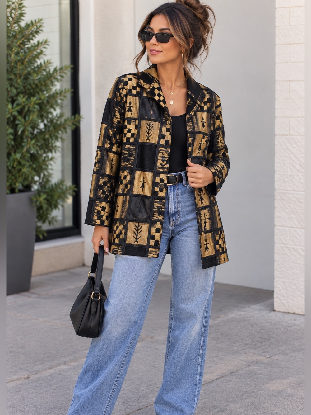 Vintage Moray California Chenille Tapestry Jacket Black Gold Patchwork Womens M